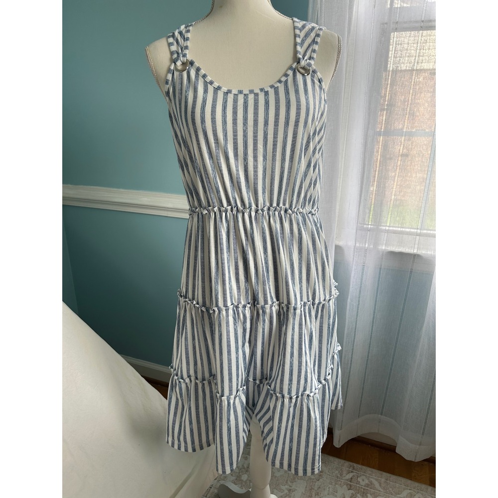 Unbranded Blue White Striped Tiered Midi Dress Ring Detail Sleeveless Medium